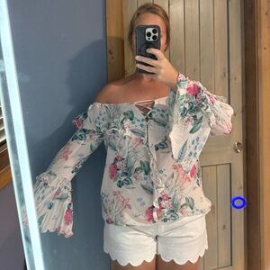 Parker Floral Off-Shoulder Blouse in Pink and Blue
